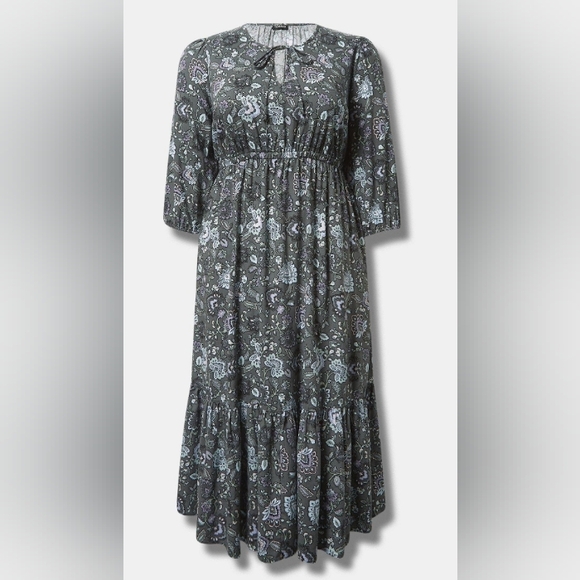 New Torrid 1X(14/16)Tea Length Challis Tie-Front Tiered A-line Dress-Paisley NWT - Picture 6 of 6
